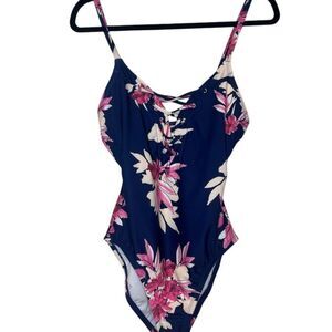 NWOT NAUTICA BLUE/PURPLE FLORAL LACE UP ONE PIECE SWIMSUIT WOMENS SIZE LARGE